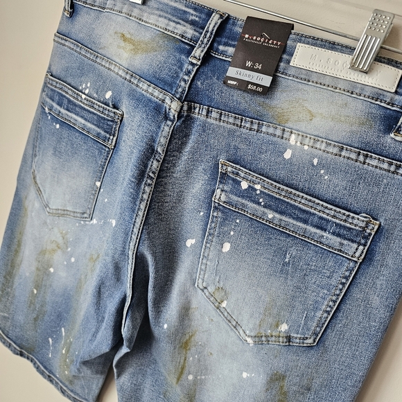 Skinny Fit Distressed Blue Denim Shorts with Stretch - Picture 14 of 15